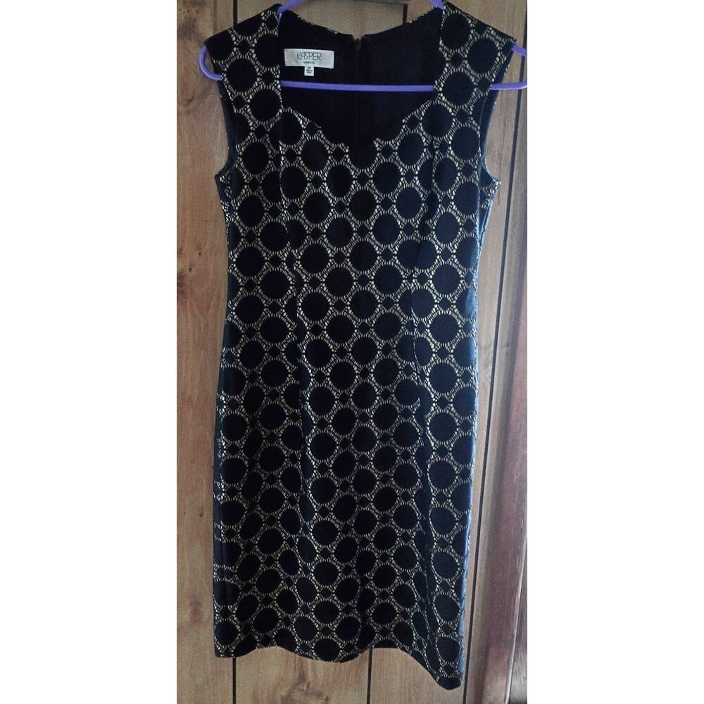 Kasper Black Gold Lace Sheath Dress Womens 2P Petite Cocktail Wedding Guest